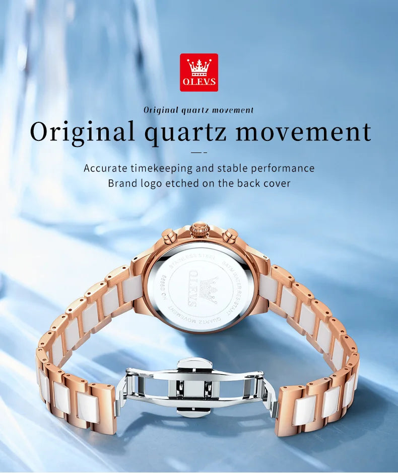 OLEVS 9999 Women Watch Brand Original Elegant Waterproof Chronograph Luxury Ceramic Dress Pink Women Quartz Watch Reloj Mujer