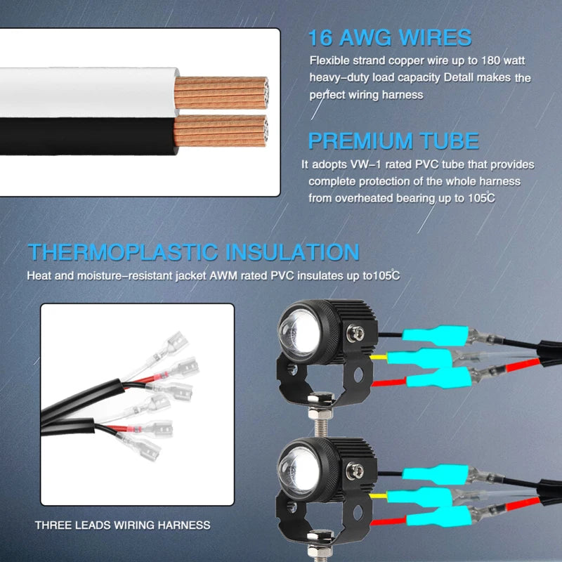 LED Light Bar Wiring Harness Kit 180W 3 Leads 16 AWG LED Motorcycle Wiring Harness with 12V 40A Relay and Control Switch