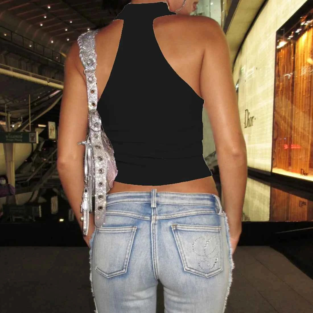 Metal Buckle Decoration Tank Tops Women Turtleneck Off Shoulder Skinny Stretch Street Fashion Wild Style Solid Outfits