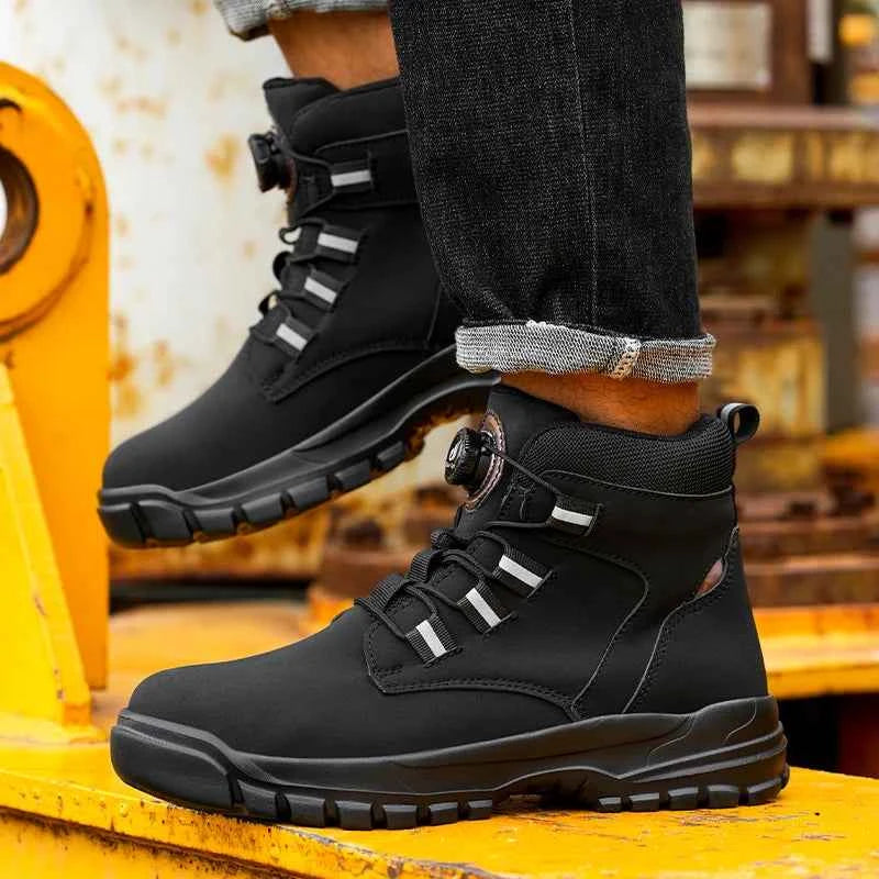 Leather Non Slip Work Boots for Men Rotating Button Safety Shoes Steel Toe Sneaker Male Puncture Proof Protective Boots