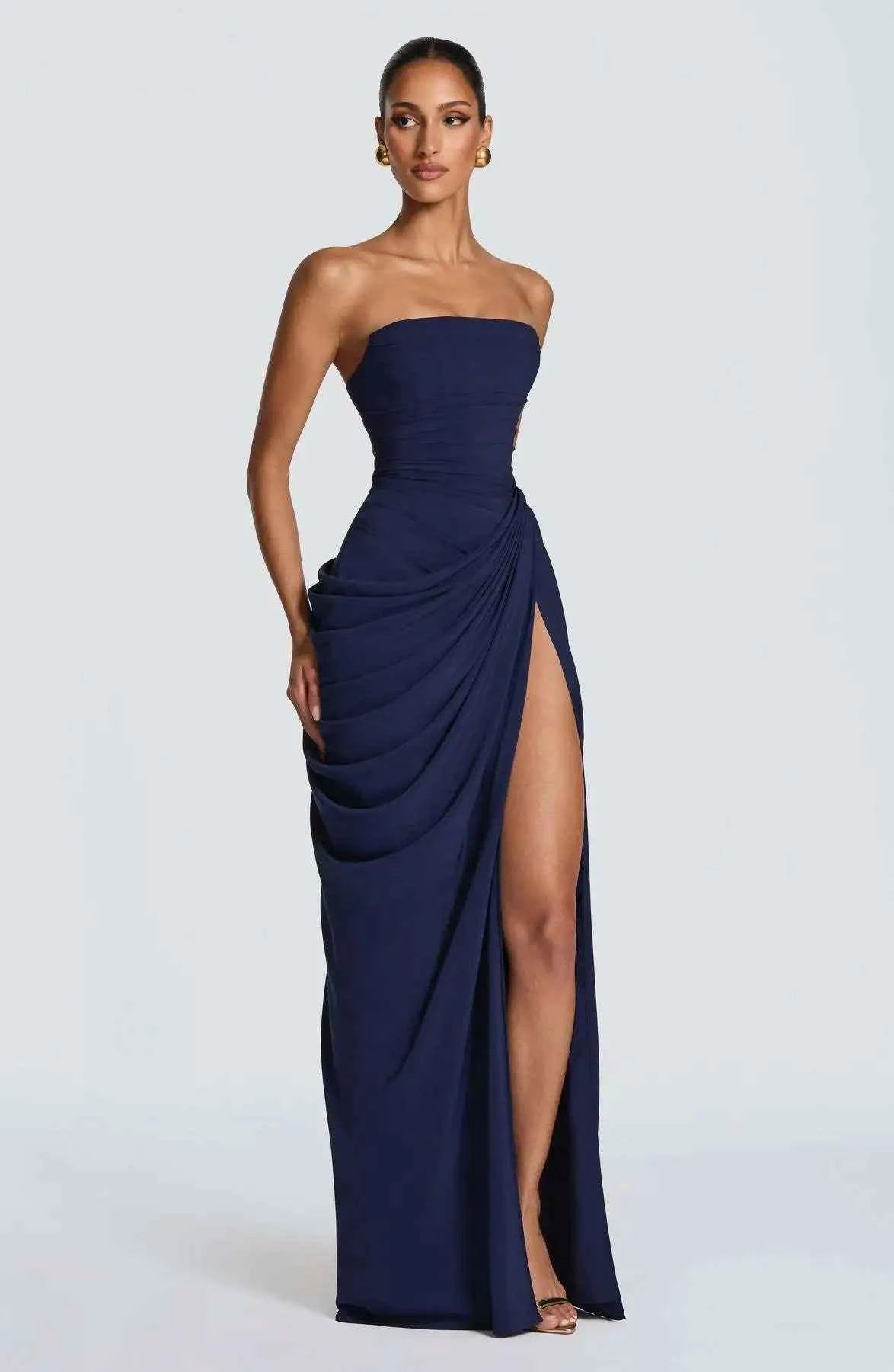 Yellow Strapless Pleated Dress Women Elegant Sexy Sleeveless Waist Cinching Split Maxi Gowns 2026 Lady New Evening Party Dresses