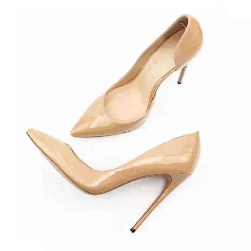 Tikicup Solid Nude Patent Women Pointy Toe Stiletto High Heels Slip On OL Wedding Party Dress Shoes Elegant Ladies Formal Pumps