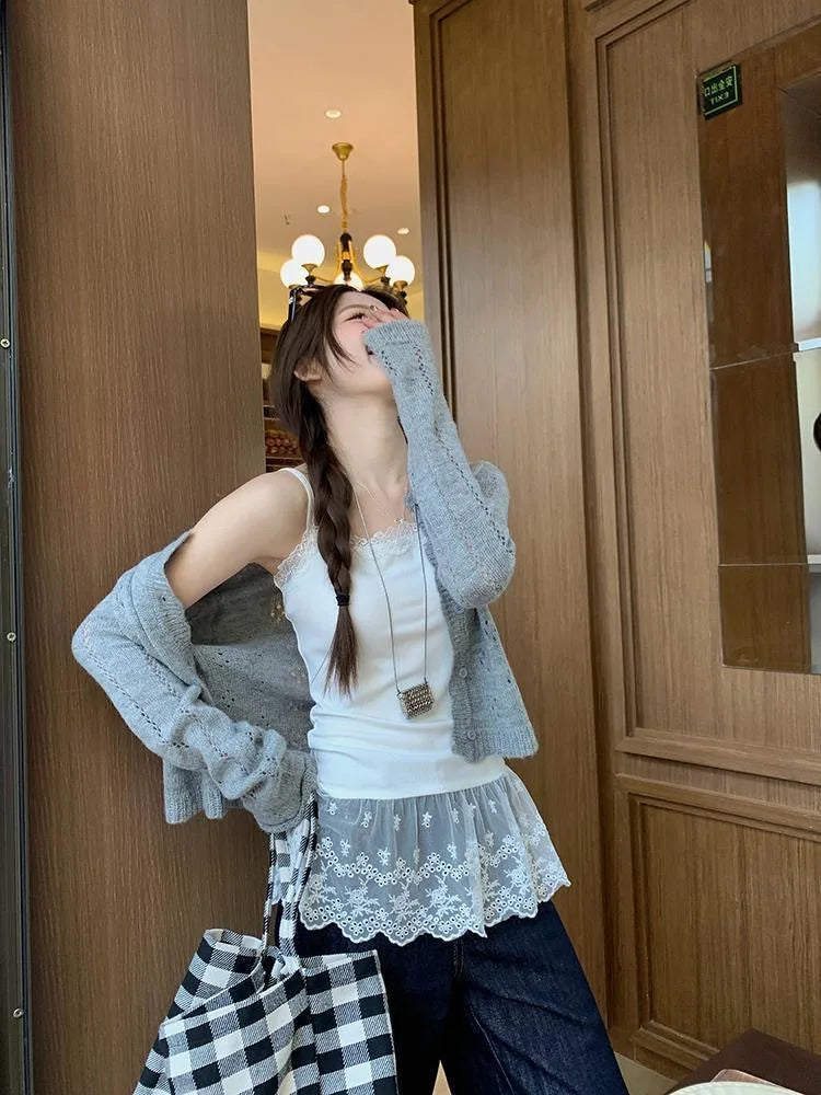 Lace Undershirt Ruffle Patchwork Hem Cami 2025 Sexy Top Women's Long Sleeveless T-Shirt Camisole Y2K Korean Gray Cotton Camis