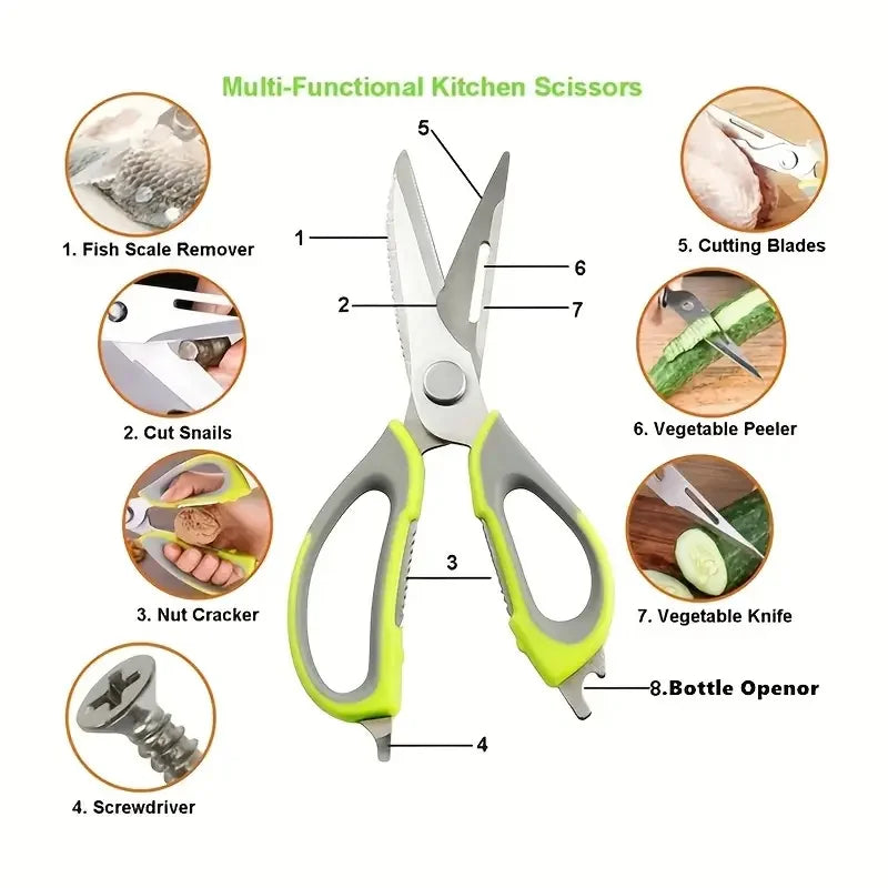 7-in-1 Multifunctional Kitchen Scissors with Magnetic Holder Stainless Steel Food Scissors for Meat, Fish, Kitchen Food Scissors