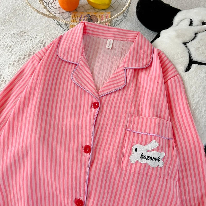 Embroidery Letter Pajamas Set Striped Rabbit Print Autumn Long Sleepwear Home Suit 2025 Lapel Neck New 2 Pcs Women's Pajamas