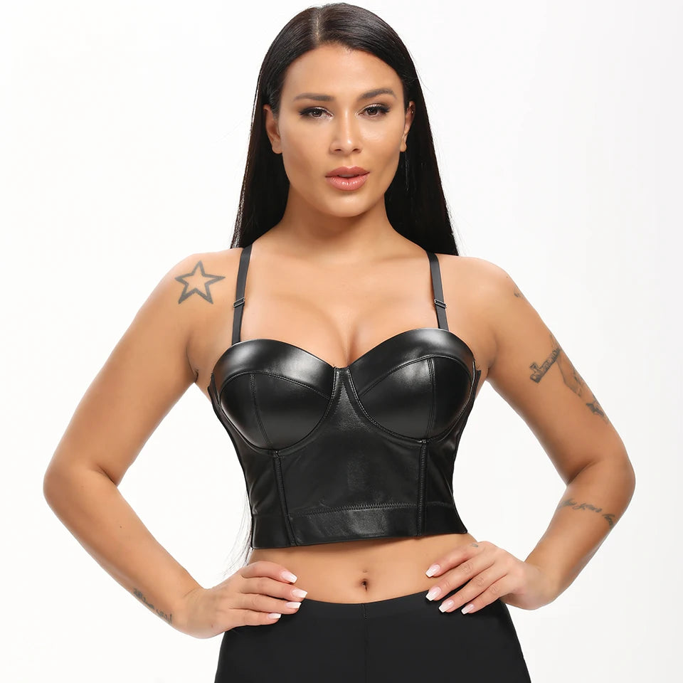 Aonve Women Summer Sexy Top PU Leather Festival Clothing Tops Bralette Cropped Top Female Punk Goth Clubwear Black Red Plus Size