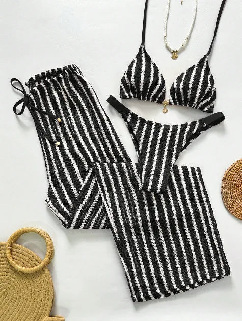 Vintage Red Striped Bikini Set 2026 Women Drawstring Long Panties 3 Piece Swimsuit Beach Holiday Bathing Suit Thong Swimwear