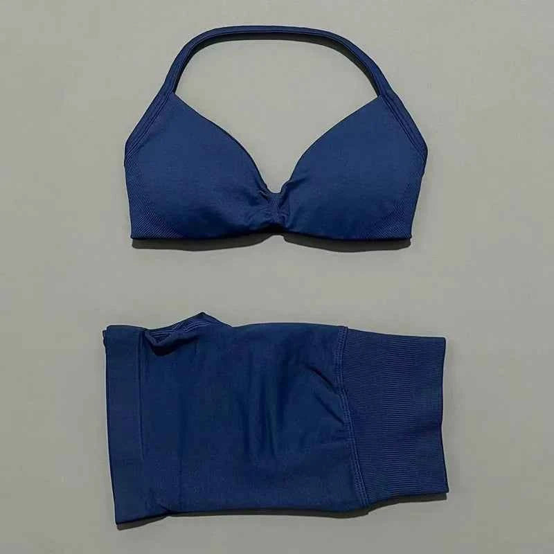 HISTELLO Gym Set 2 Piece Women Strappy Yoga Bra Top Workout Scrunch Shorts Sports Suit Fitness Clothes Seamless Yoga Set