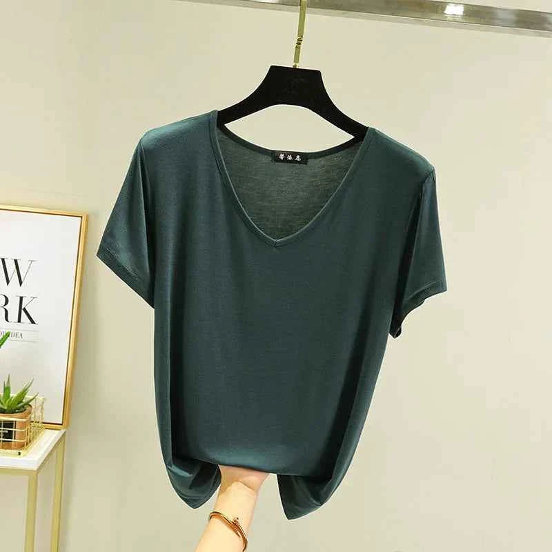 Summer women Modal V-Neck Tshirt Thin Bottoming T-shirts Plus size Loose tee tops Streetwear Basic Top