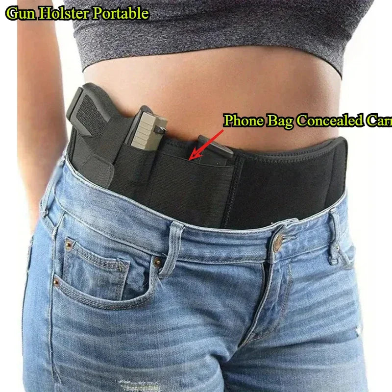 Portable Tactical Gun Holster Waist Belt Outdoor Hunting Hiking Concealed Carry Phone Bag Black Hidden Belly Defense Waist Belt
