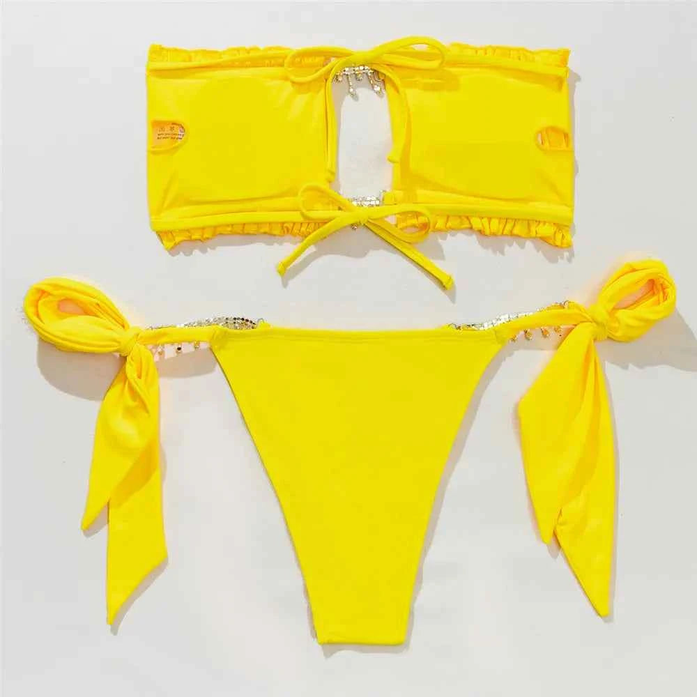 Sexy Rhinestone Chain Micro Thong Bikini Women Swimwear Ruffled Bandeau Swimsuit Knotted Bathing Swimming Suit Bikinis Sets 2026