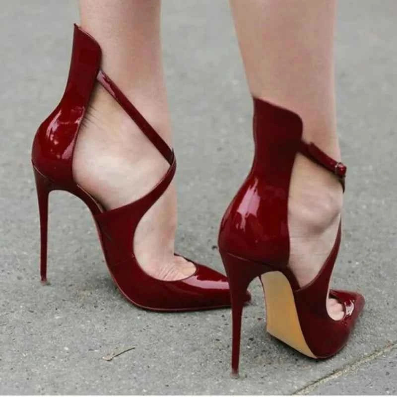 2025 New Baotou Buckle Stiletto High Heels European and American Lacquer Cross Strap Roman Cool Boots Large Size 33-46