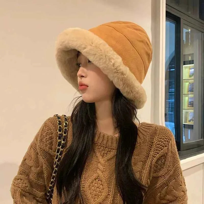 Adding Thick Plush Autumn/winter Hat To Keep Warm for Girl Cold Resistant Ear Protection Hat Curled Fisherman's Winter Hat