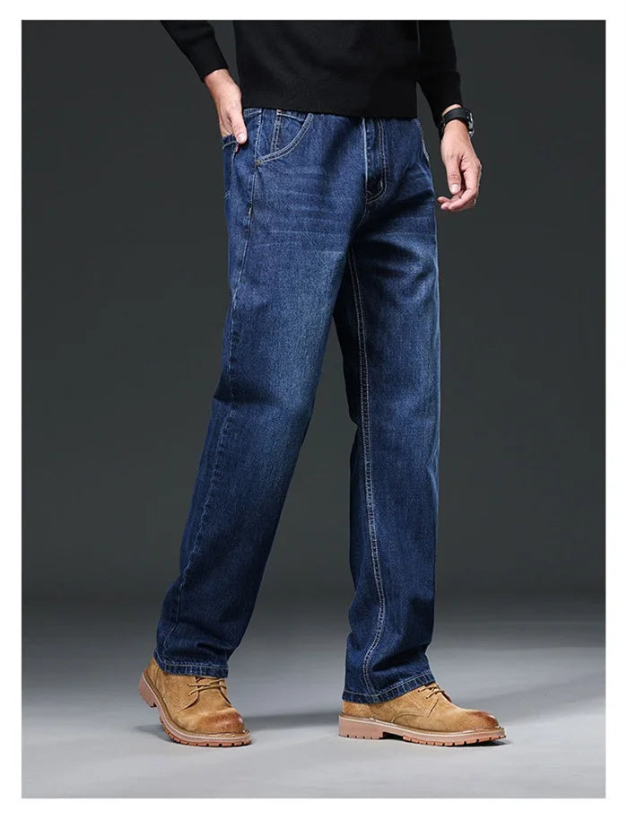 2026 Men Jeans 100% Cotton Thick Straight Plus Big Size 42 44 46 48 140KG Loose Classic Black Denim Trousers Casual Pants