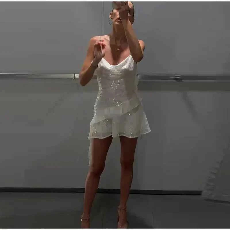 Glitter Flounce Mini Dress Woman Cinched Waist Sleeveless A-Line Halter Dresses Sexy Chic Women's Fashion Summer Short Dresses