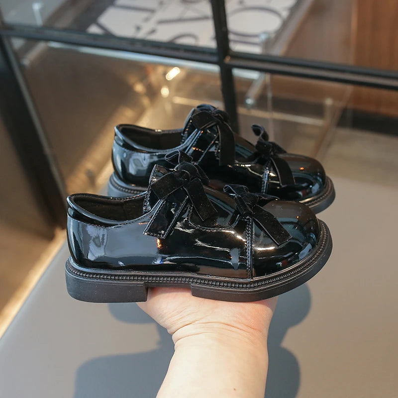 Chic Girls Black Mary Jane Shoes with Double Bowknot Spring Autumn Kids Princess Leather Shoe Fashion Causal Children Flat Shoes