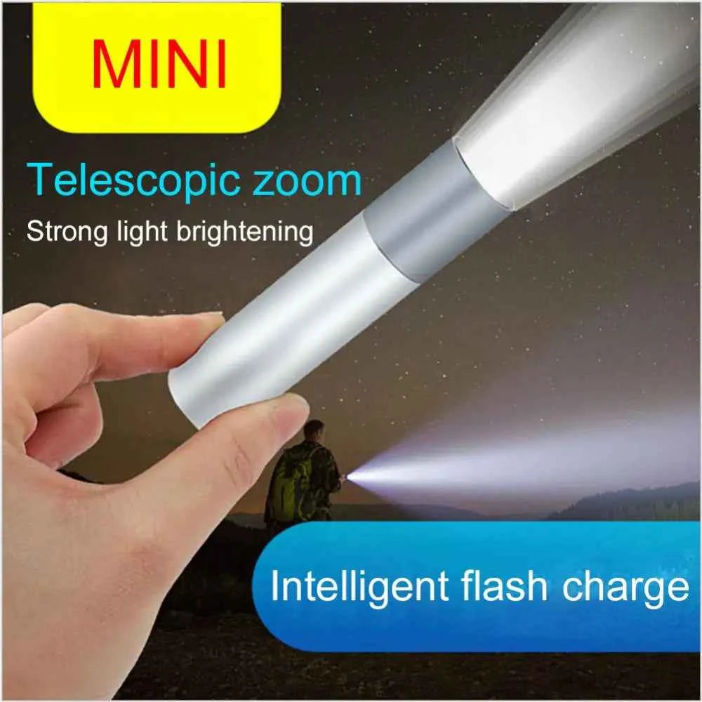Mini High Light LED Flashlight Rechargeable Zoom Waterproof Telescopic Powerful Torch Lamp Outdoor Work Portable Self Defense