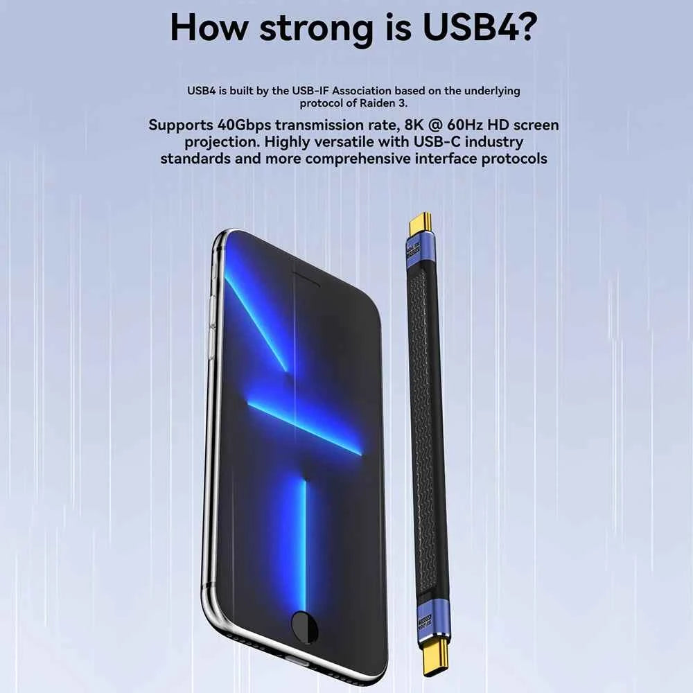 USB4 Short Cable 40Gbps Data Transfer 240W PD Fast Charging Thunderbolt 4/3 Interface Flat USB-C Cord for Laptop Phone Tablet