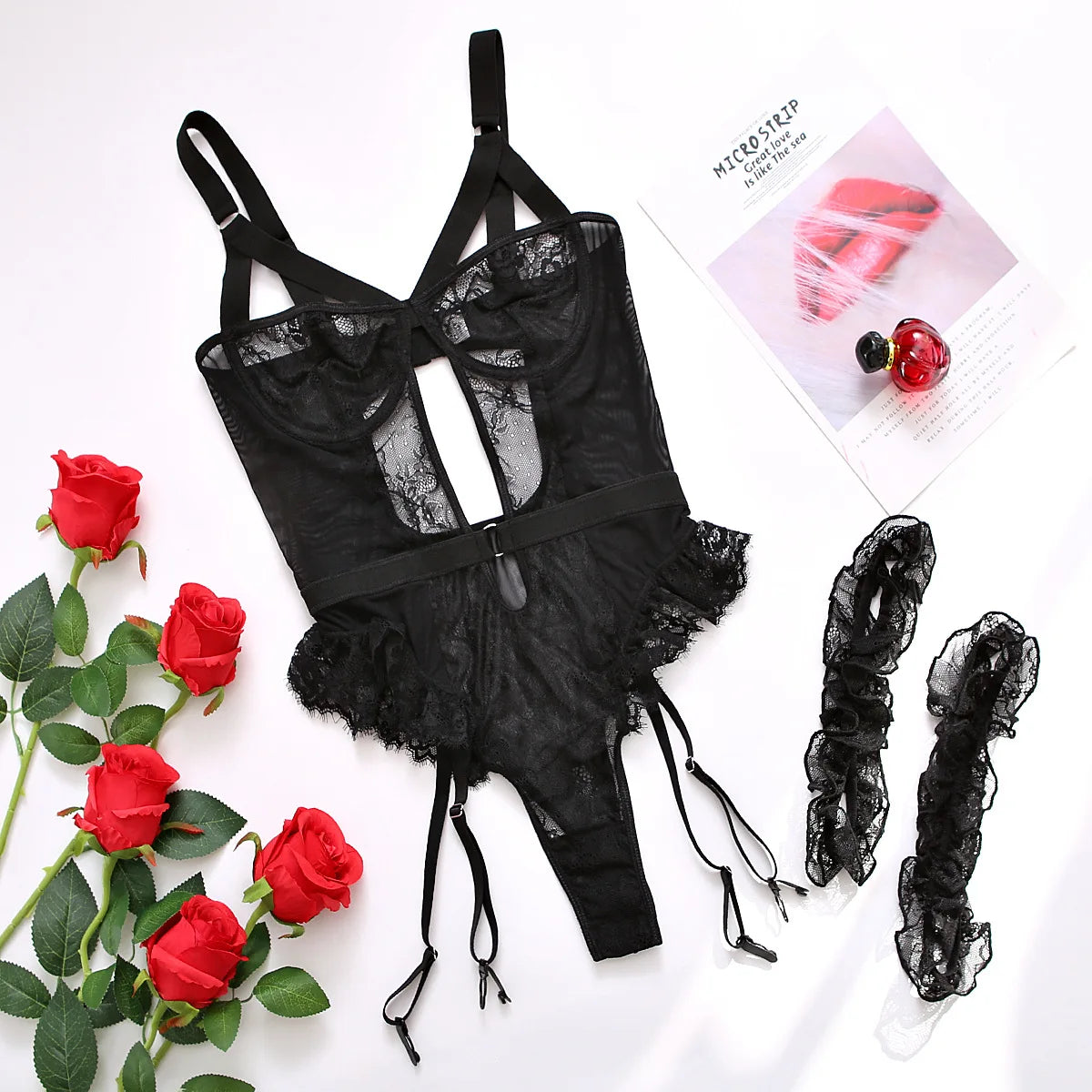 Pink Embroidery Floral Backless Sexy Mesh Sheer See Through One-piece Rompers Women Sexy Lingerie Slim Bodysuit Female Clubwear