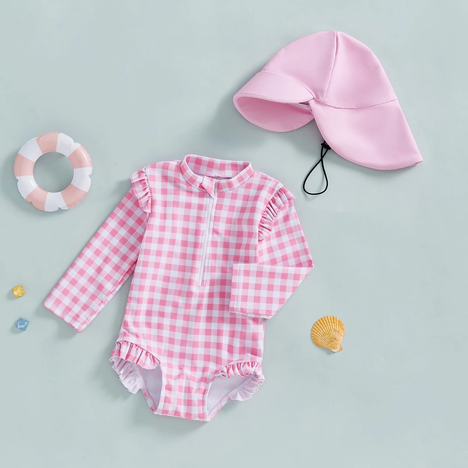 MISOWMNJOY Plaid Print New Girls Swimwear Summer Kids Swimsuit with Hat Zip Up Long Sleeve Crew Neck Baby Girls Swimming Suit