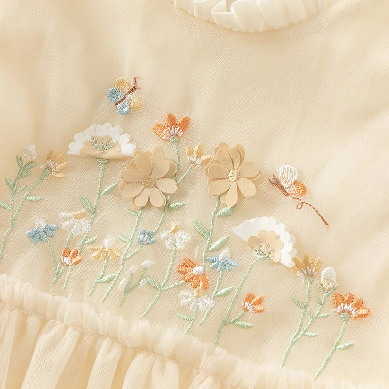 Dave Bella Princess Dress for Girls Baby Children 2025 Spring Long Sleeved Charm Mesh Embroidery Floral Gentle Cute DB1250434