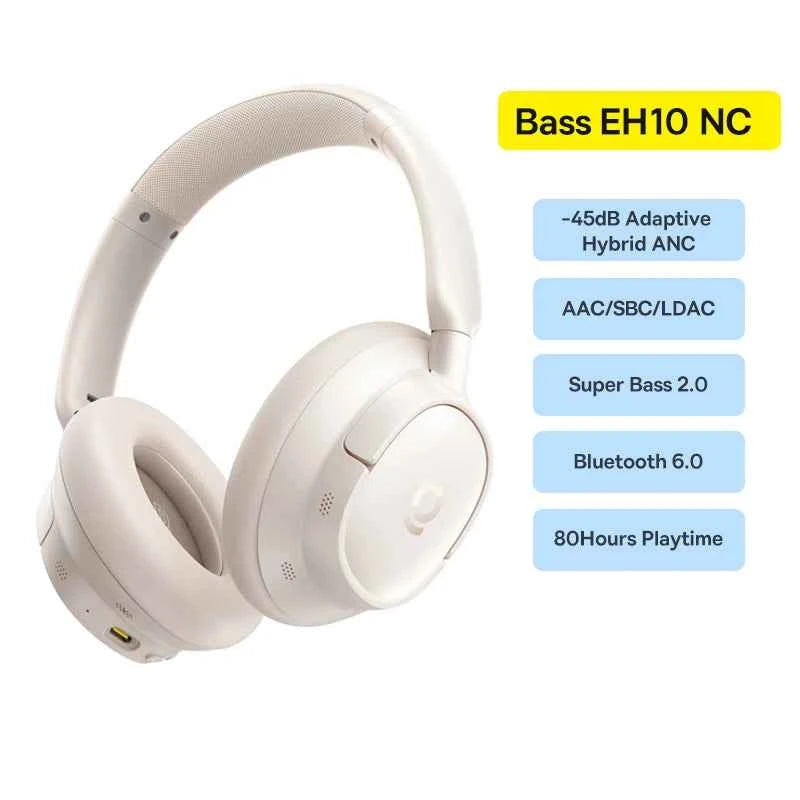 Baseus Bass EH10 NC Wireless Headphones Bluetooth 6.0 Noise Canceling 45dB Over Ear HeadsetSpatial Audio Earphone 80H Time