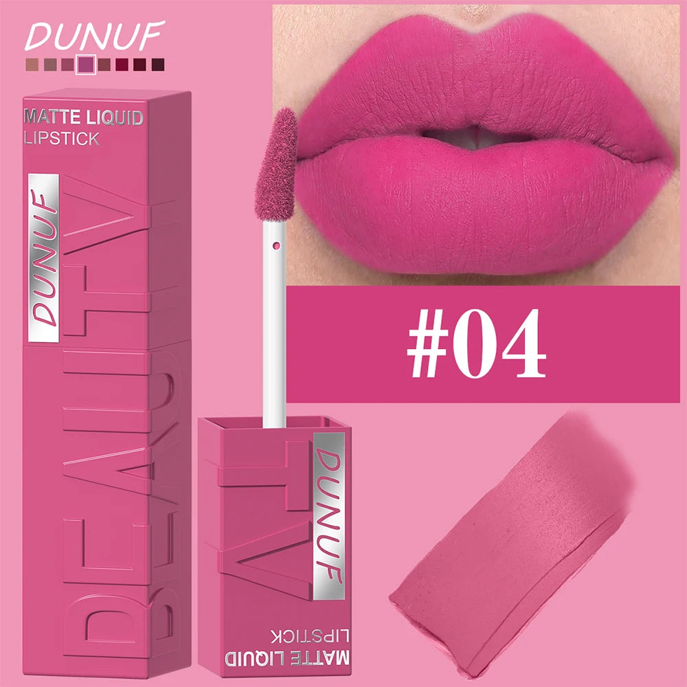 DUNUF  8-color matte velvet smooth easy-to-apply square tube lip gloss waterproof three-dimensional plumping lipstick