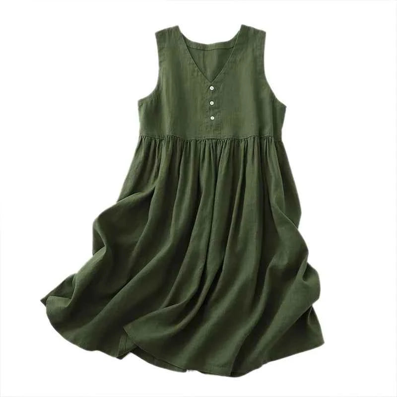 2026 New Women's Cotton Linen Sleeveless Dress Casual V Neck Button Down Loose Midi Dresses for Summer Women's Casual Dresses
