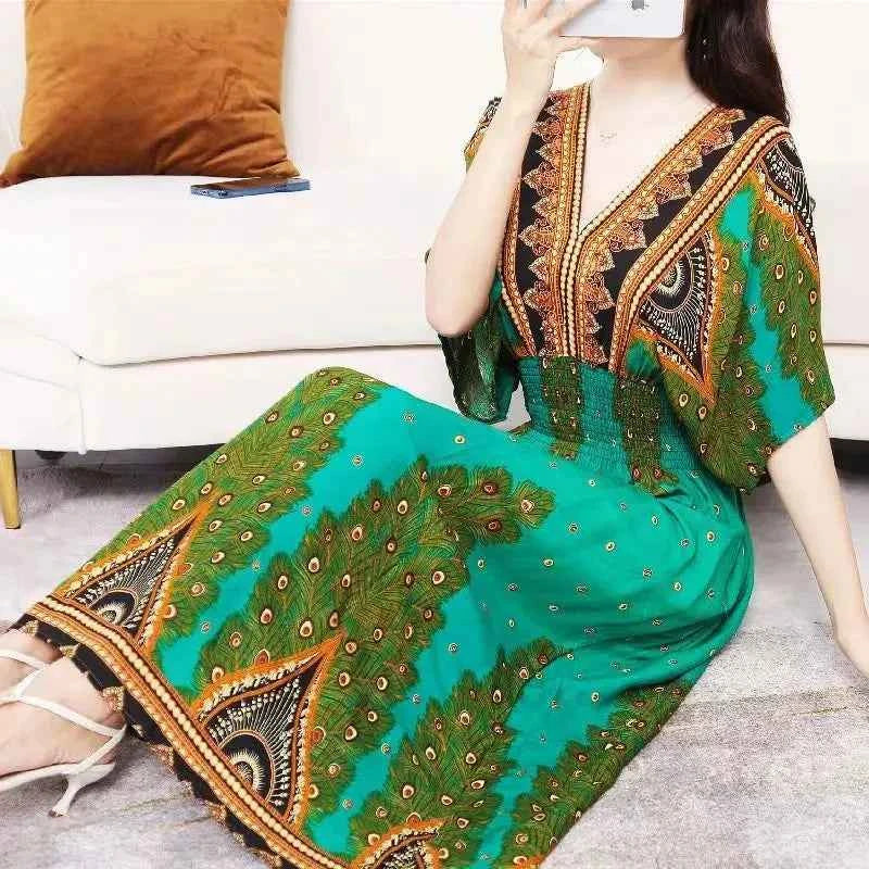 Colorful Flower V-neck Elastic Youthful Bohemian Sweet Midi Dress Woman Clothes Chic Fashion Summer Dresses 2025 Large Swing Ski