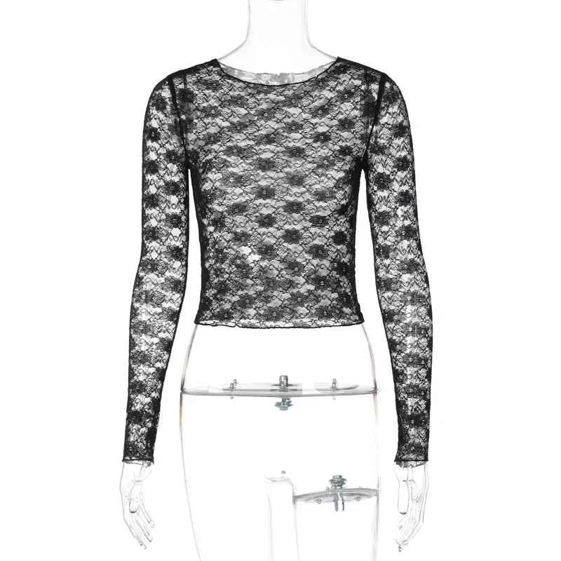 Mooyufon Long Sleeves See Through Lace Crop Top Solid Sexy Bodycon T-Shirt For Women Party Club Autumn Winter Clothes