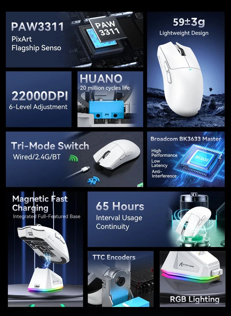 Attack Shark X11 & X11se Wireless Gaming Mouse,Bluetooth Tri-Mode Connection, PixArt PAW3311,Touch Magnetic Charging Base