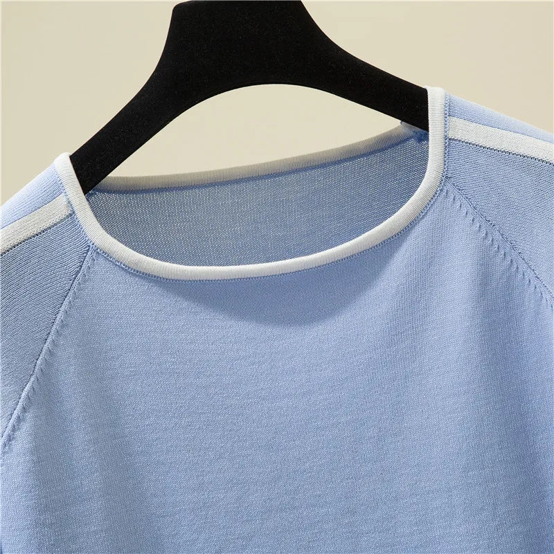 Camisetas Thin Knitted T Shirt Women Short Sleeve Summer Tops Casual Clothes Striped Fashion T-Shirt Tee Shirt Blusas 18841