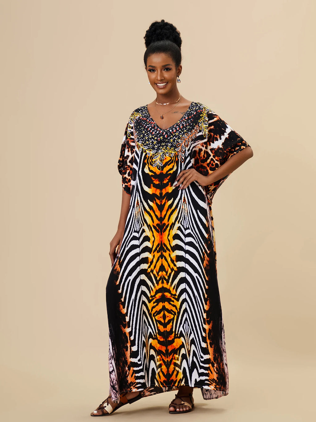EDOLYNSA 2023 Bohemian Printed Loose Kaftan Casual Summer Vacation Maxi Dress Women Clothing Beach Wear Swim Suit Cover Up Q1469