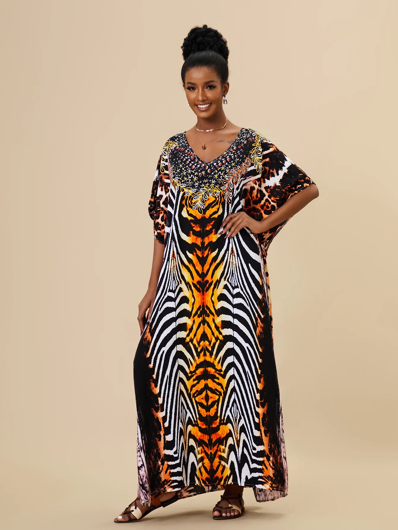 EDOLYNSA 2023 Bohemian Printed Loose Kaftan Casual Summer Vacation Maxi Dress Women Clothing Beach Wear Swim Suit Cover Up Q1469