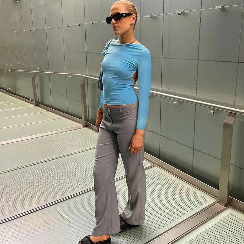 Backless Short Sleeve Blue Y2K Crop Top Women Casual O Neck  Summer T Shirts Sexy Vintage Cut Out