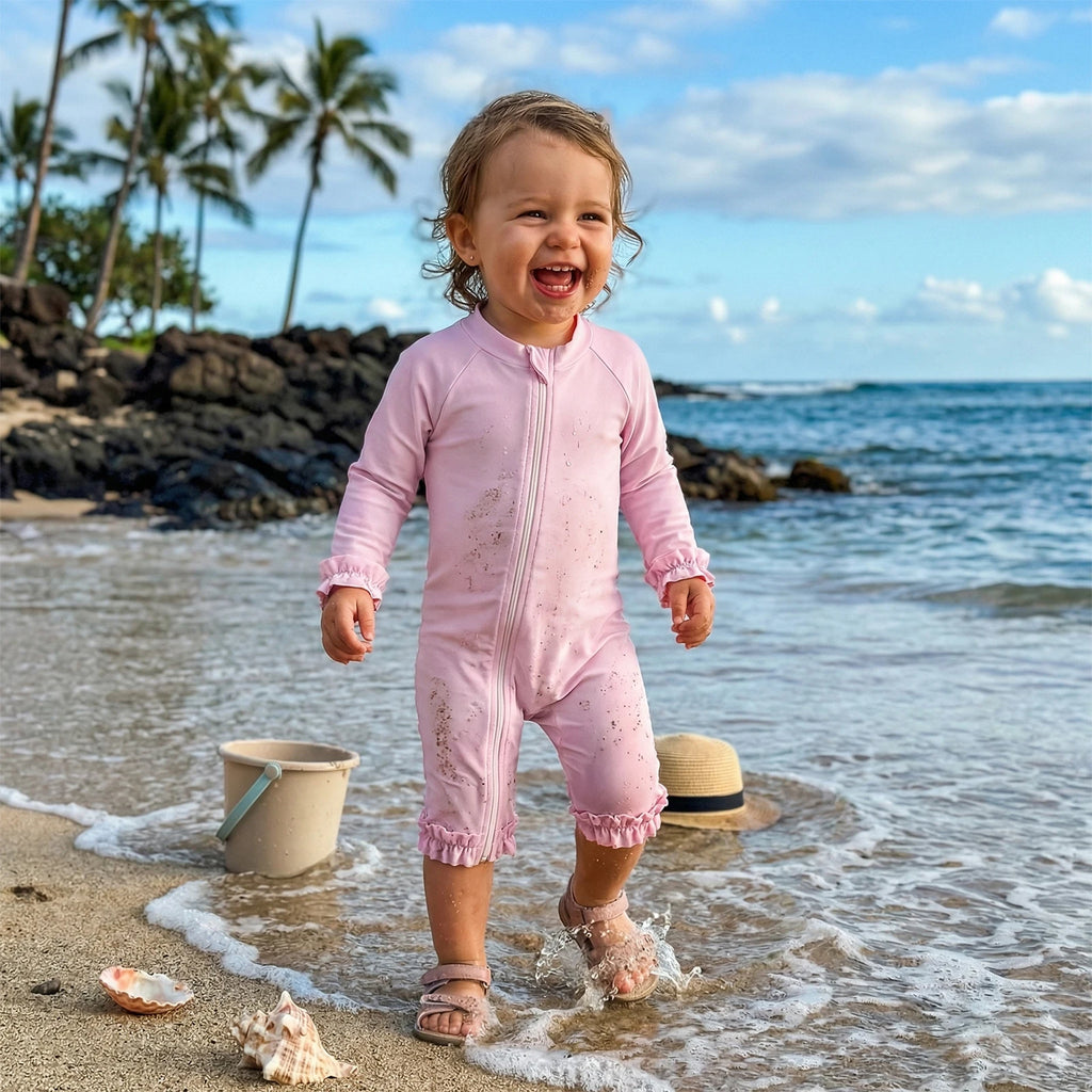 Toddler Baby Girl Summer Rash Guard Swimsuit Solid Color Print Long Sleeve Round Neck Romper Swimwear for Pool Beach