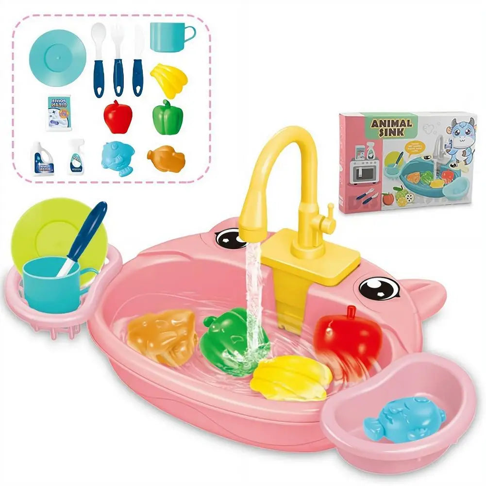 Kids Kitchen Sink Toys Electric Dishwasher Playing Toy with Running Water Pretend Play Food Fishing Toy Role Playing Girls Gift
