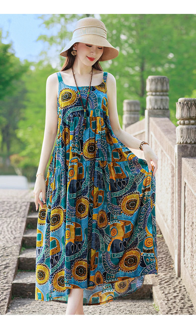 New Fashion Casual 2025 Summer Elegant Dresses For Women O-Neck Print Vintage Sleeveless Dress Loose Women Clothing