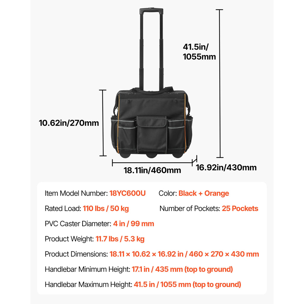 SucceBuy 110Lbs Rolling Tool Bag 25 Pockets Roller Tool Bag on Wheels with Telescoping Handle Toolbag Organizers for Mechanic