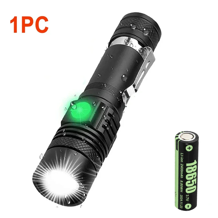 Powerful LED Flashlight with Clip Portable Telescopic Zoom Rechargeable Defense Flashligh For Outdoor Camping Hiking Cycling
