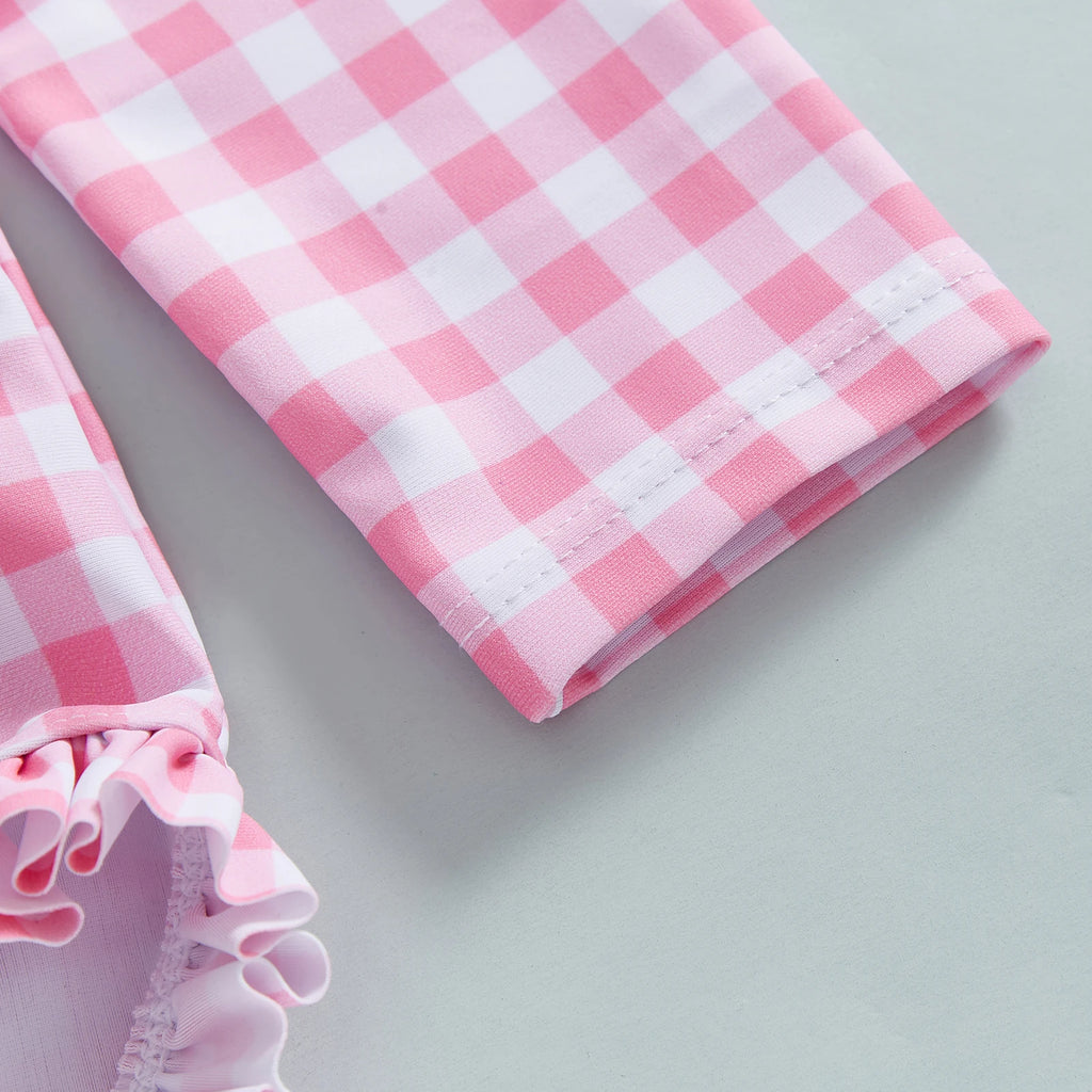 MISOWMNJOY Plaid Print New Girls Swimwear Summer Kids Swimsuit with Hat Zip Up Long Sleeve Crew Neck Baby Girls Swimming Suit