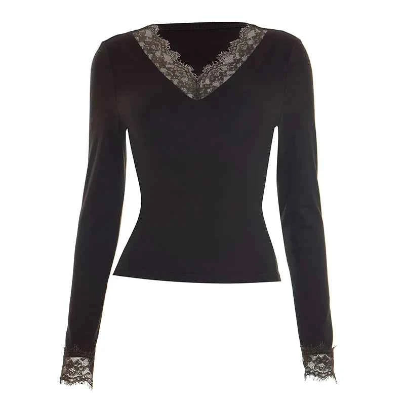 Women's V-neck Lace Splicing Top European American Style Autumn New Waist Exposed Umbilical Fashionable Casual Wear