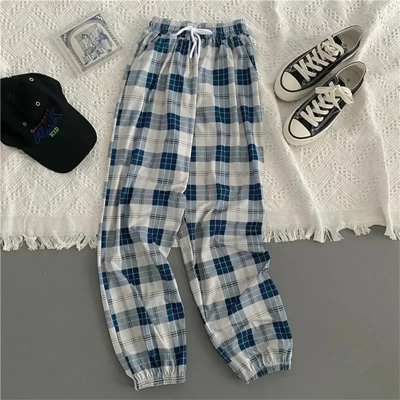 2024 New Fashion Casual Pants for Women Korean Loose Black Plaid Summer Harajuku Harem Long Pants Streetwear Trousers Chic