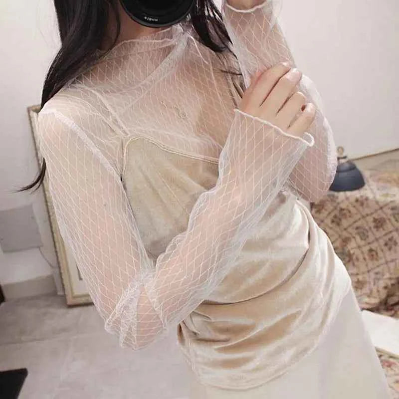 Spring Summer Women Sexy Black Mesh Tops Bottoming T Shirts Transparent Sheer Blouses Turtleneck Streetwear Tees Sunscreen Top