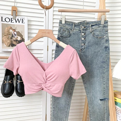 T Shirt  Woman Crop Tops Basic Short Sleeve Kawaii T Shirt Built In Bra Women Sexy Top Harajuku Korean Fashion