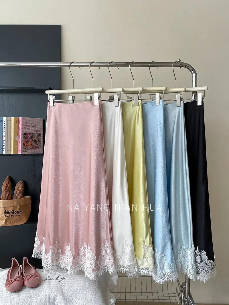 Beiyingni French Elegant Satin Mermaid Skirt Women Spring Summer Lace Patchwork Pack Hip Long A-line Skirts Office Ladies Faldas