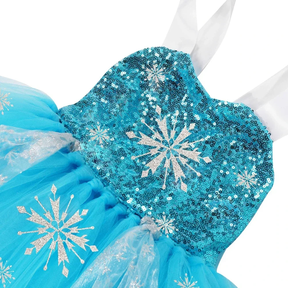 Sequins Elsa Costume for Girls Sky Blue Snow Queen Tutu Dress Snowflake Kids Halloween Birthday Carnival Party Princess Costume