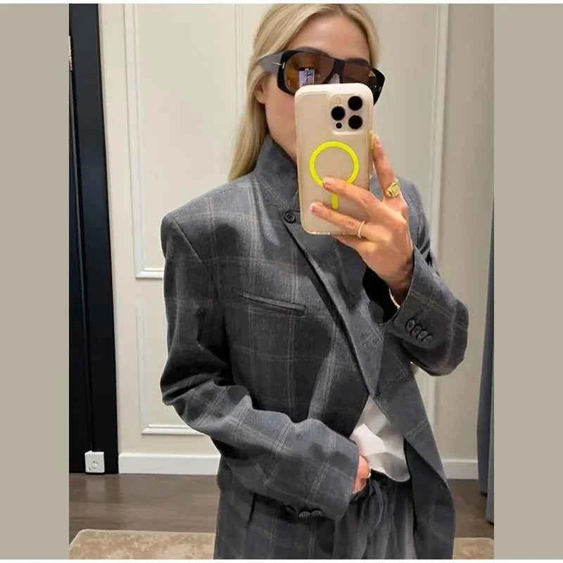 Irregular Plaid Blazer Jacket Women Fashion Stand Collar Full Sleeve Split Loose Short Jackets 2025 Lady Daily Commute Outwear