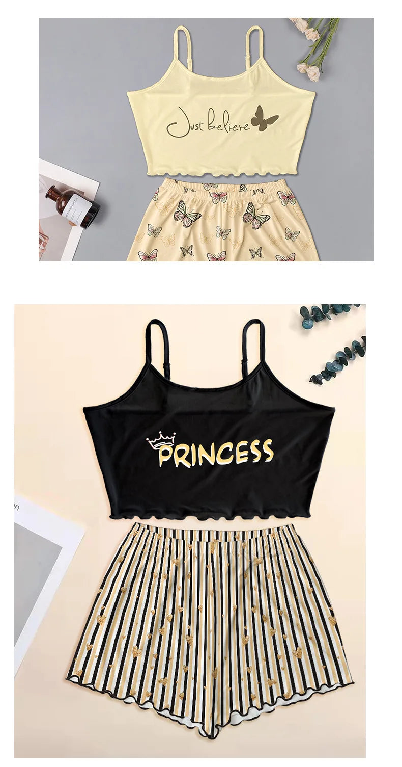 Summer Silk Satin Pyjama Pajamas for Women Sexy Sleepwear Sling Top Shorts Pajama Set Cartoon Pattern Printing 2-Piece Homewear
