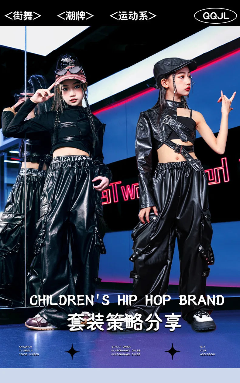 Kid Hip Hop Clothing T Shirt Crop Top Wine Red Arm Sleeve Faux Leather Casual Cargo Pants for Girl Jazz Dance Costumes Clothes